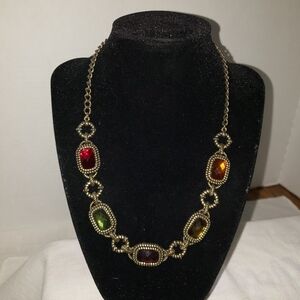 Beautiful 2028 Brass Tone and Faceted Gems Necklace